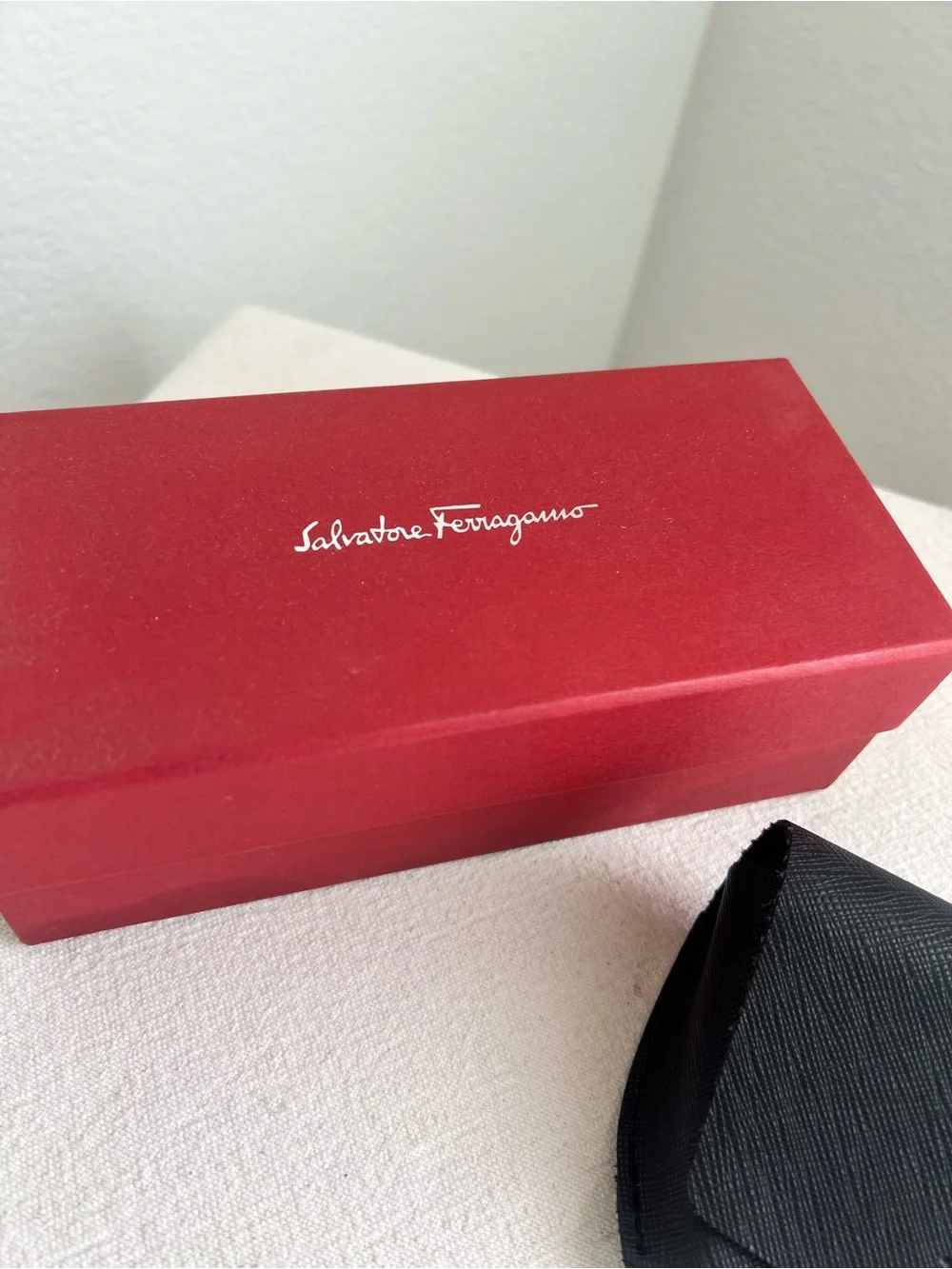 Salvatore Ferragamo Black Leather Sunglasses Case with Red Box